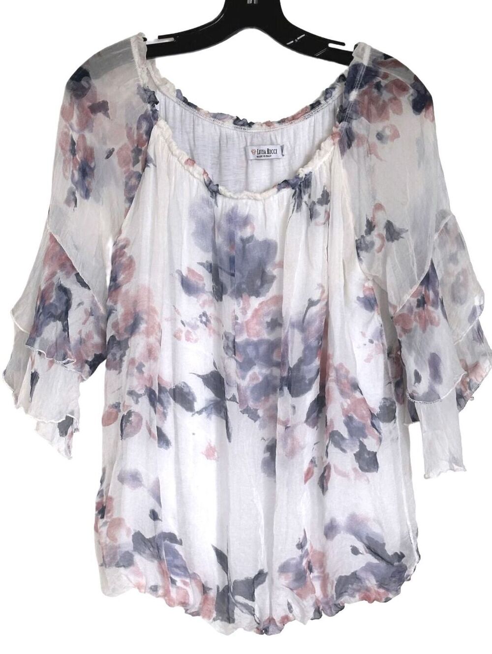 Luisa Ricci 100% Silk Floral Blouse Ruffle Sheer Sleeves Made in Italy - Size L